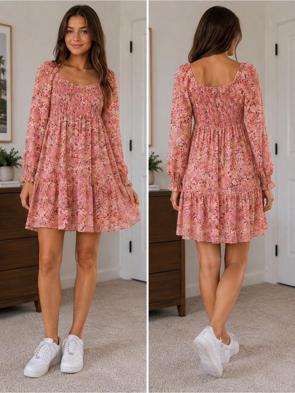 Women's Pink Floral Smocked Tiered Dress